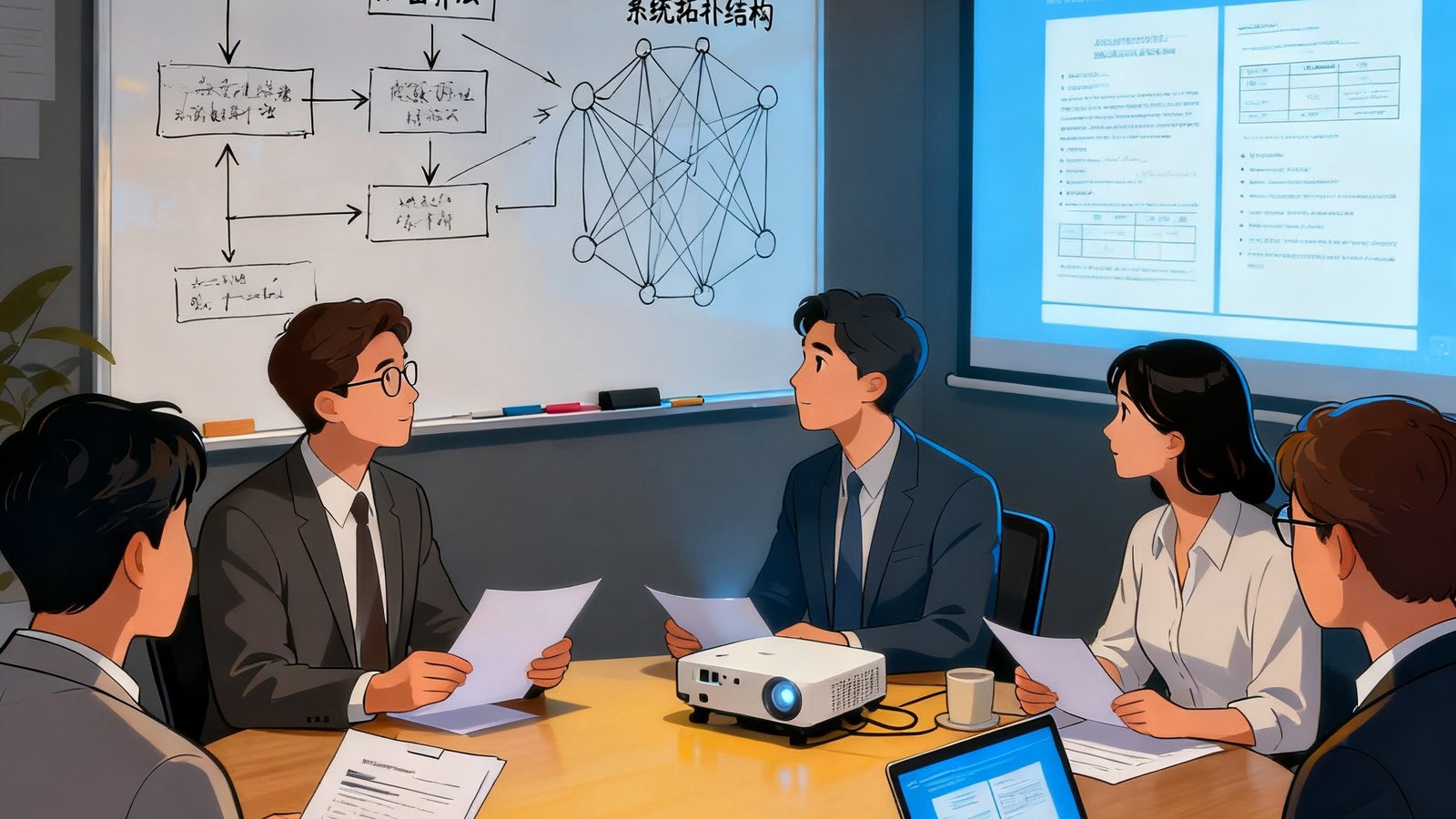 谈球吧技术团队在圆桌会议上讨论数据安全架构方案，白板上画满了加密算法流程图和系统拓扑结构