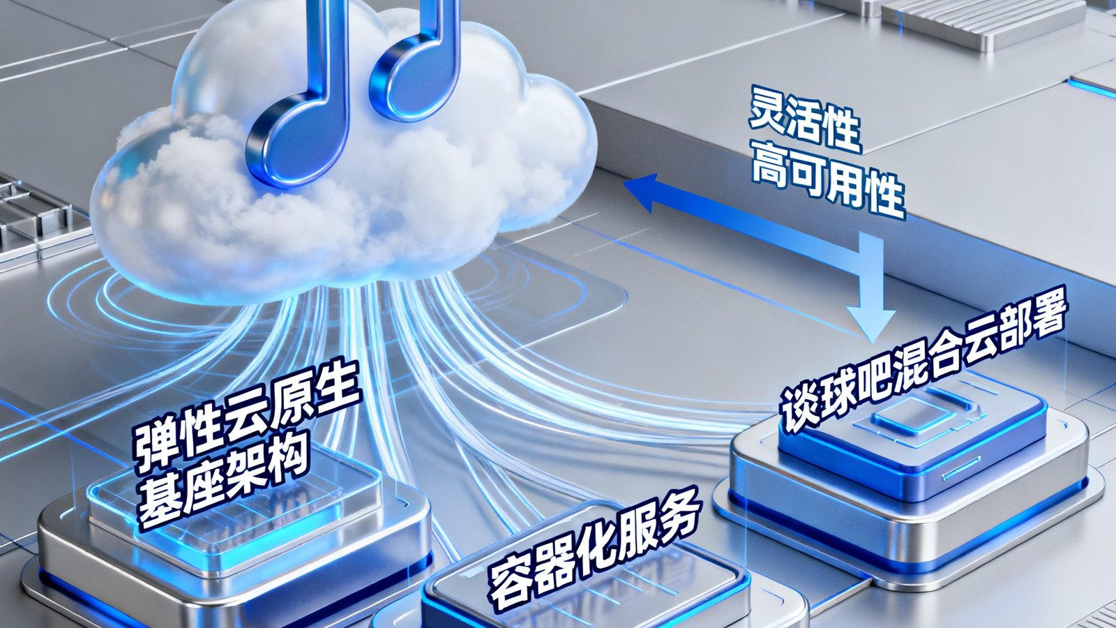 弹性云原生基座架构可视化图，容器化服务在云端如音符般自动编排调度，展示谈球吧混合云部署的灵活性与高可用性